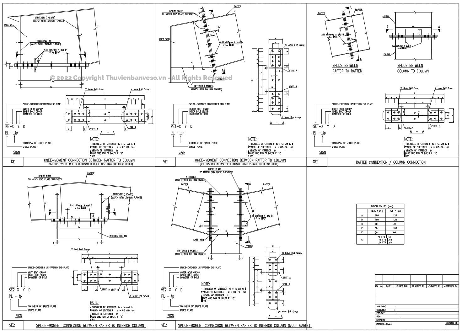 Bản vẽ Chỉ dẫn cấu tạo các dạng liên kết của kết cấu thép.
