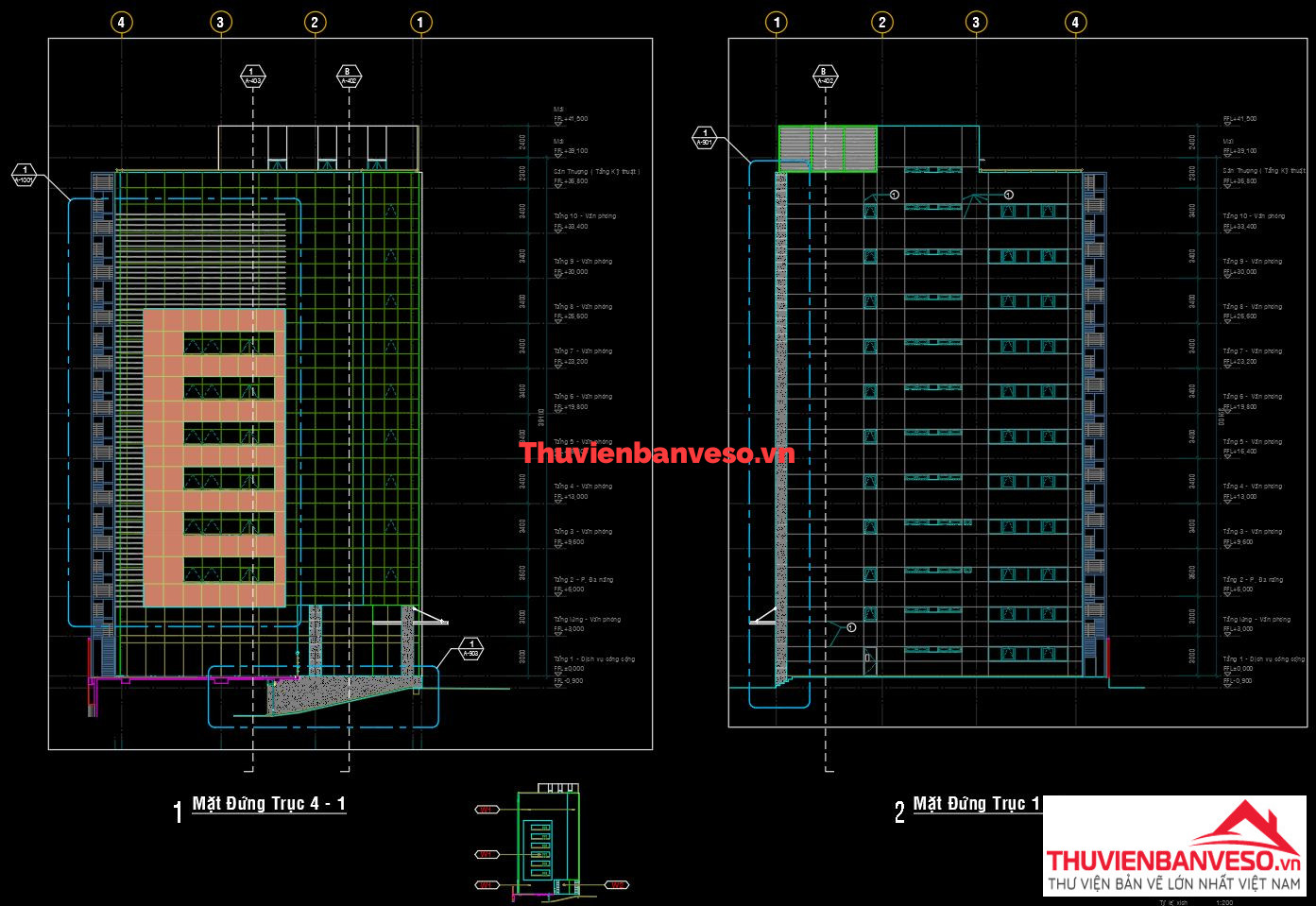 Bản vẽ Bản vẽ cao ốc văn phòng 22.6x16.6m, 10 tầng, full các bộ môn KT, KC, ME, biện pháp thi công