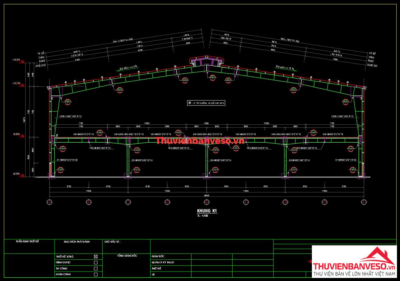 Bản vẽ Bản vẽ nhà xưởng 46x99m, không cột giữa, full kiến trúc, kết cấu