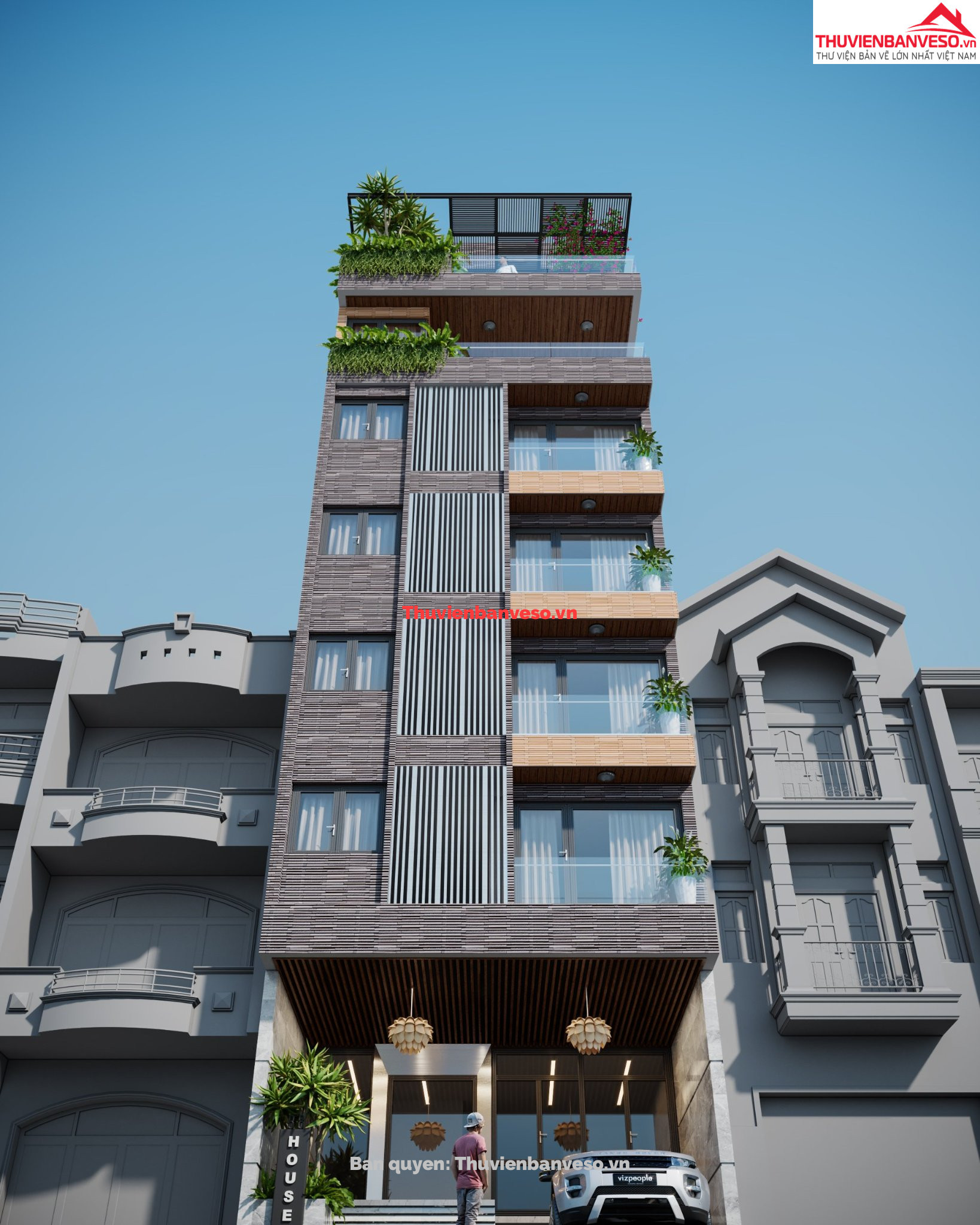 Bản vẽ Nhà phố 9 tầng.Sàn phẳng không dầm
