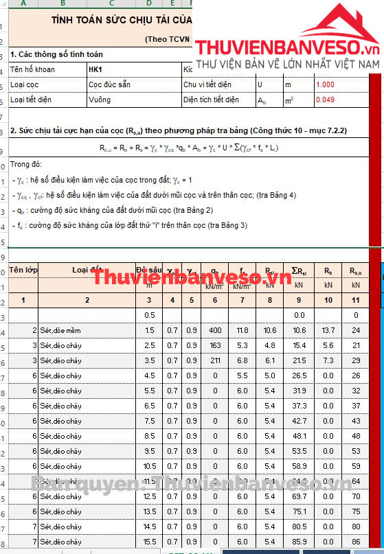 Bản vẽ Bảng Tính Sức Chịu Tải Cọc Ép.