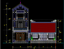 Bản vẽ Bản vẽ (autocad+sketchup) nhà thờ 3 gian (7.43x6.17m) liền kề nhà ở 3 tầng (5.32x11m)